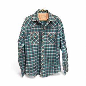 Wrangler 20X Competition Adv. Comfort Plaid Blue Button-Up Shirt Sz L/XL Pearl